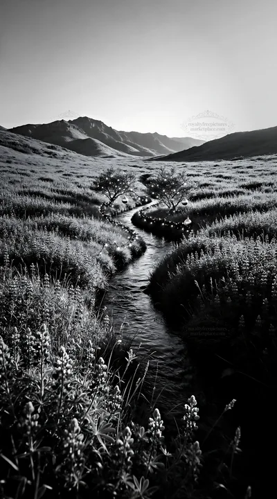 Christmas ornaments along stream in meadow - AI-generated stock image
