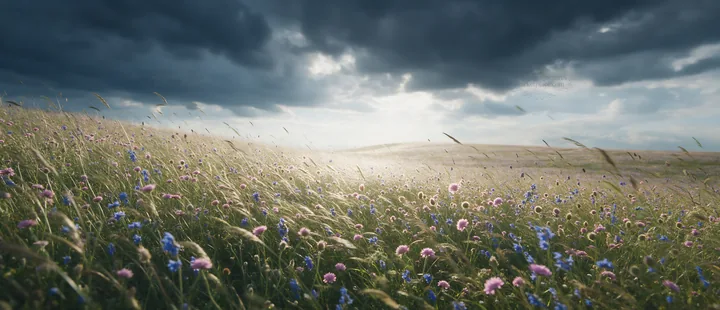 Sunny chalk meadow with flowers and cloudy sky - AI-generated stock image