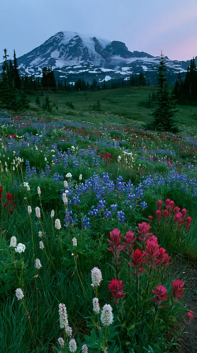 Mount Rainier paintbrush lupine meadow with vivid wildflowers - AI-generated stock image