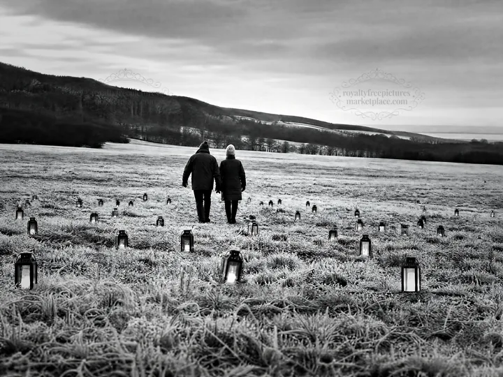 Colorful lanterns light up a meadow during winter evening walk - AI-generated stock image