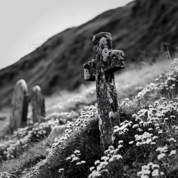 Christian cross in a mountain meadow with flowers - AI-generated stock image