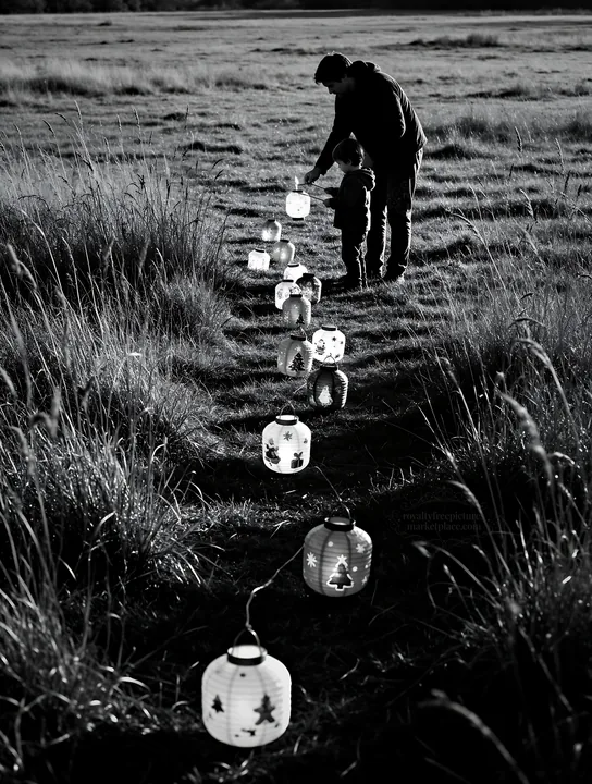 Colorful Christmas lanterns brighten a meadow trail - AI-generated stock image