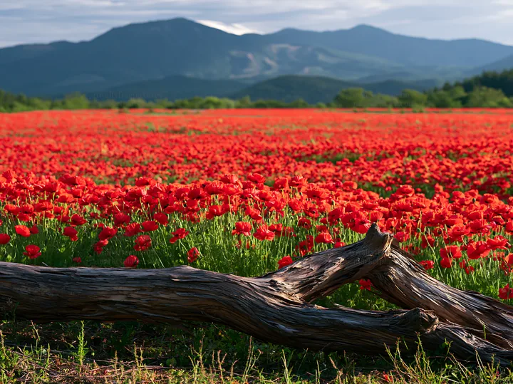 Yamagata rewilded meadow fallen branch foreground - AI-generated stock image