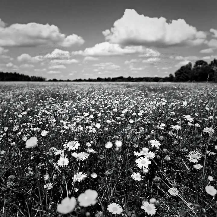 Colorful buttercup meadow under bright sky with clouds - AI-generated stock image
