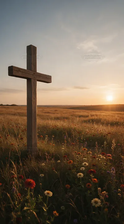Christian cross in autumn meadow during sunset - AI-generated stock image