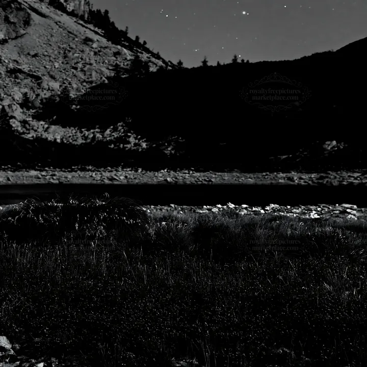 Starlit meadow under a mountain at night - AI-generated stock image