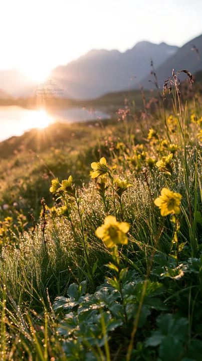 Swiss meadow beside alpine lake during sunrise - AI-generated stock image