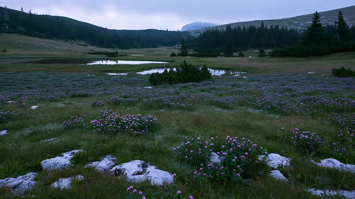 Clover speedwell meadow during cloudy weather - AI-generated stock image