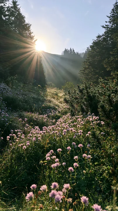 Bucegi Mountains meadow light rays create beautiful scene - AI-generated stock image
