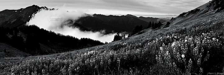 Black and white colorful lupine meadow surrounded by mountains and clouds - AI-generated stock image