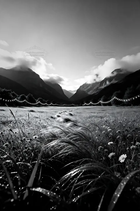 Warm Christmas lights across mountain valley meadow - AI-generated stock image