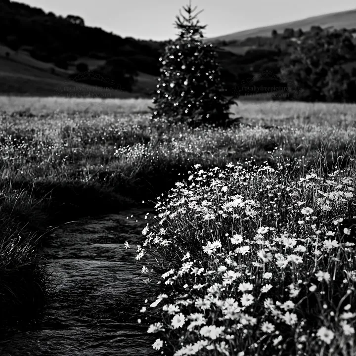 Christmas tree above stream in meadow - AI-generated stock image