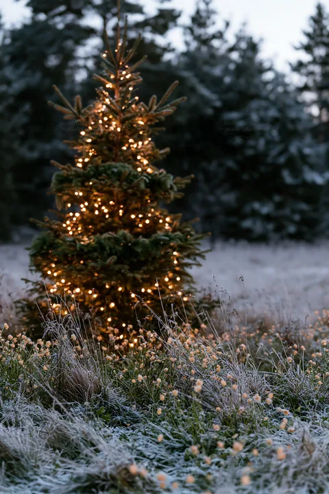 Decorated Christmas tree in a snowy meadow during winter - AI-generated stock image