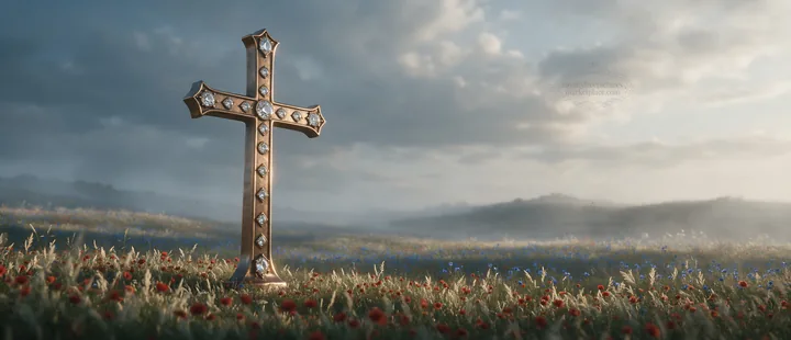 Weathered Christian cross in misty meadow during sunrise - AI-generated stock image