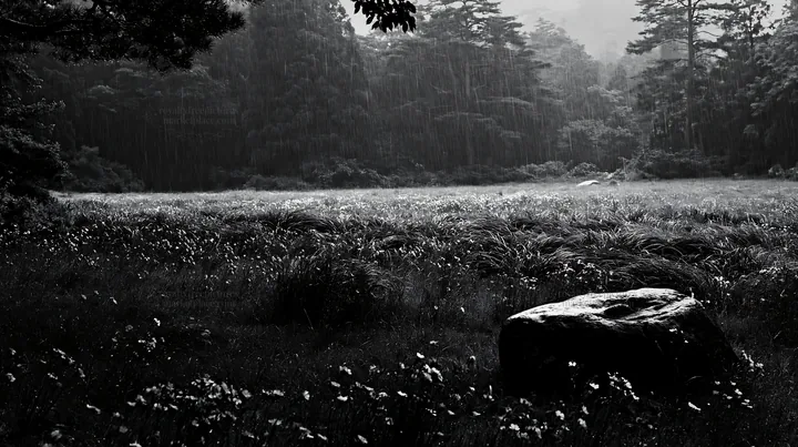 Black and white hiroshima rainy meadow smooth rock foreground - AI-generated stock image