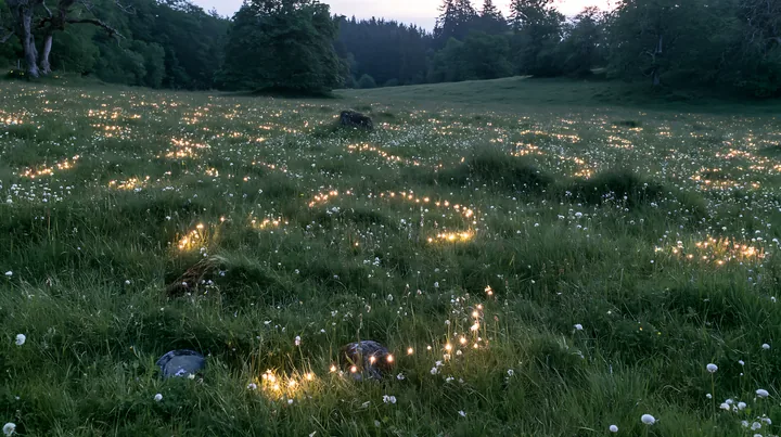 Christmas meadow with lights and stones at dusk - AI-generated stock image