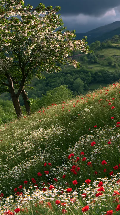 Moody orchard meadow with flowers and distant hills - AI-generated stock image
