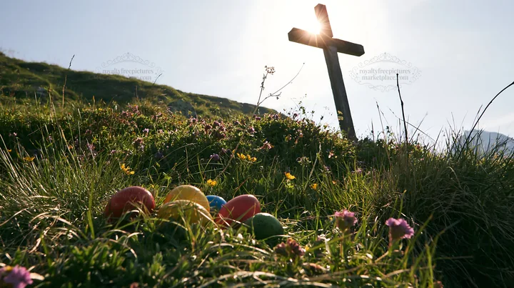 Christian cross in backlit summer meadow with colorful eggs - AI-generated stock image
