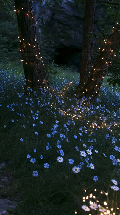 Christmas lights at dusk in meadow by cave - AI-generated stock image