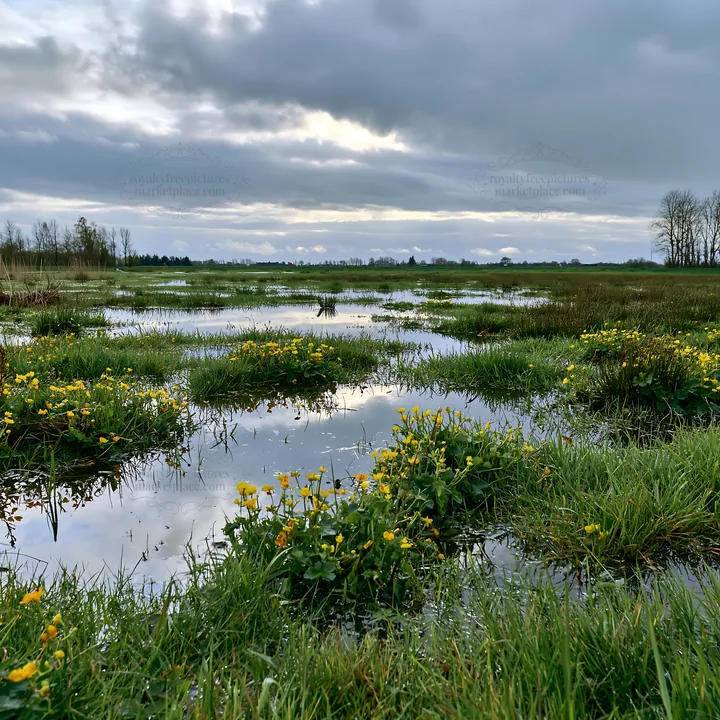 Regenerative meadow with yellow flowers and cloudy sky - AI-generated stock image