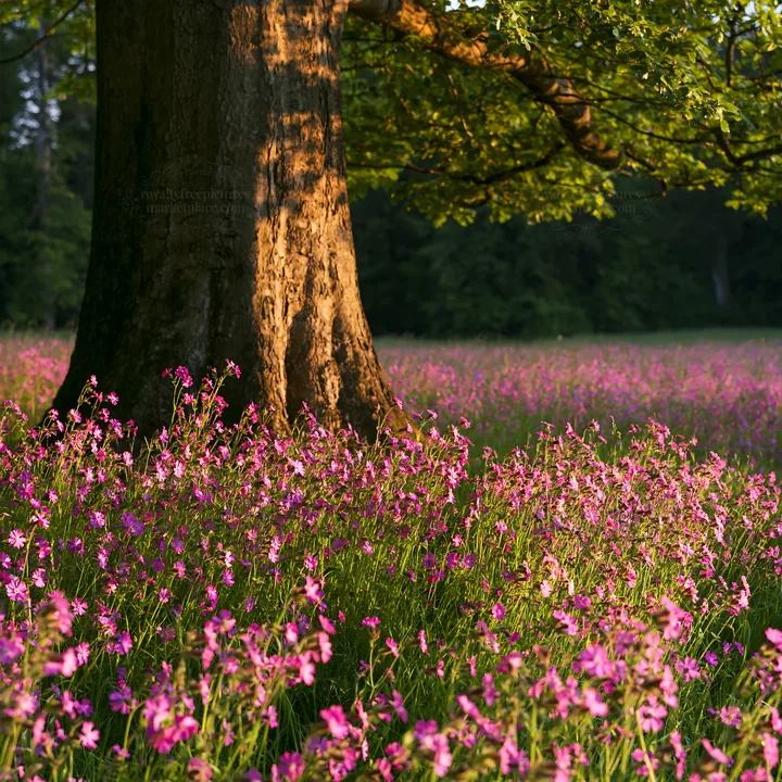 Pink campion meadow in sunlight near a tall tree - AI-generated stock image
