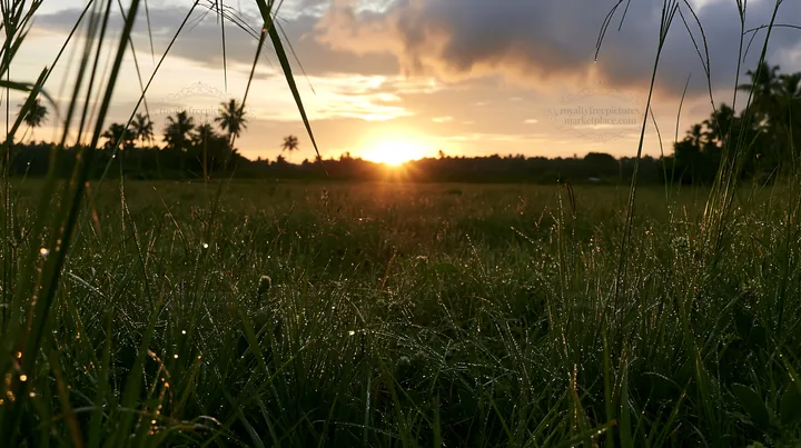 Kochi monsoon meadow rain beaded grasses at sunset - AI-generated stock image