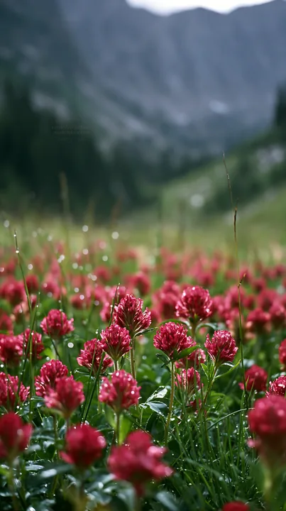 Rainy valley meadow with flowers in a green landscape - AI-generated stock image