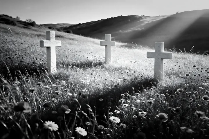 Christian crosses in meadow with light rays - AI-generated stock image