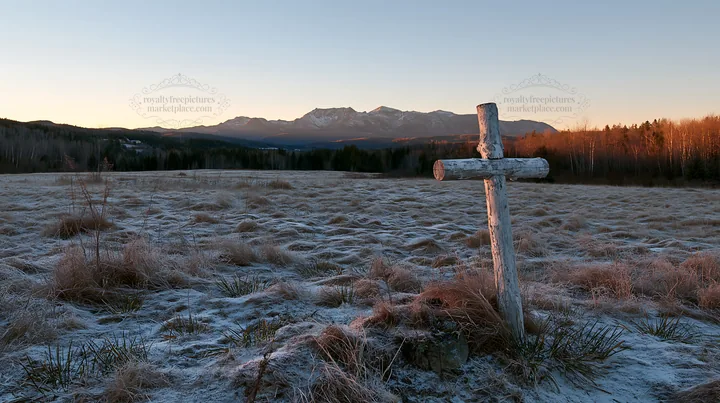Whitewashed Christian cross in a winter meadow at sunset - AI-generated stock image