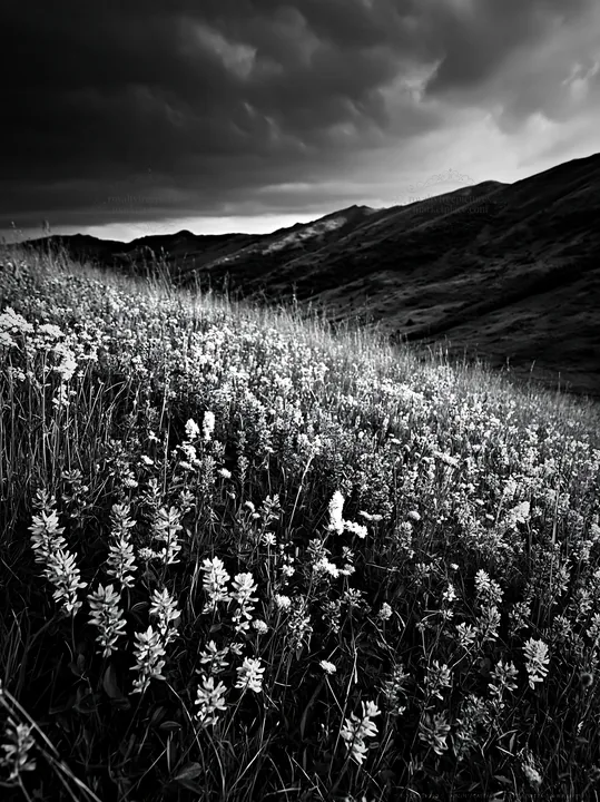 Transylvania summer hay meadow with flowers and mountains - AI-generated stock image