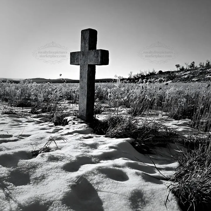 Weathered Christian cross in snowy meadow landscape - AI-generated stock image