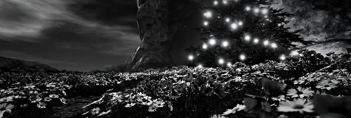 Christmas tree beside cave in meadow with flowers - AI-generated stock image