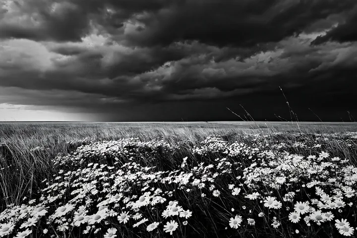 Chamomile meadow under dark storm clouds - AI-generated stock image