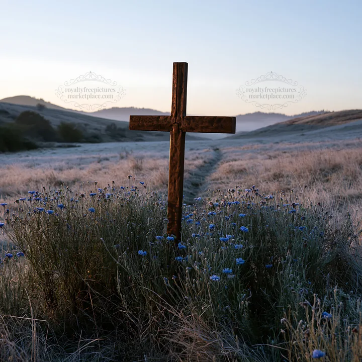 Bronze Christian cross in winter meadow at sunrise - AI-generated stock image