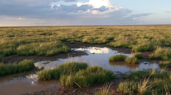 Drought-tolerant meadow with water spot under cloudy sky - AI-generated stock image
