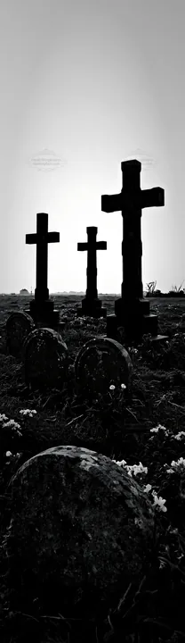 Three Christian crosses in a meadow at sunrise - AI-generated stock image