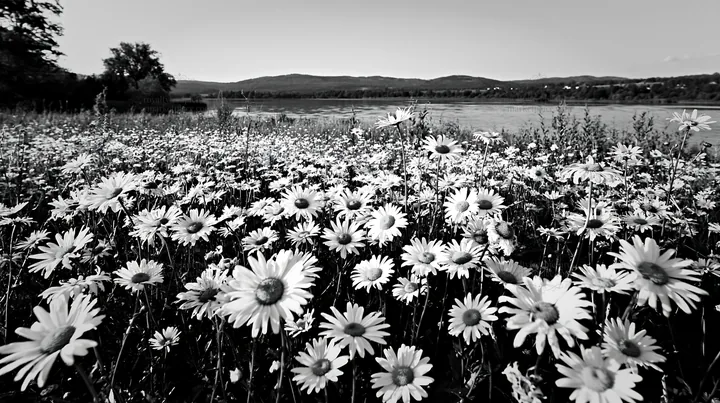 Lakeside meadow filled with daisies in Germany - AI-generated stock image