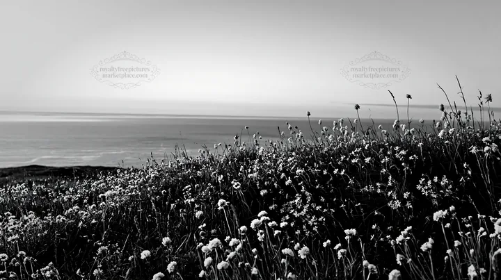 Black and white clifftop meadow with wildflowers overlooking the ocean - AI-generated stock image
