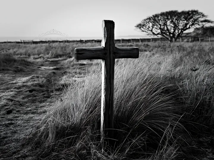 Carved oak cross in frosted meadow - AI-generated stock image