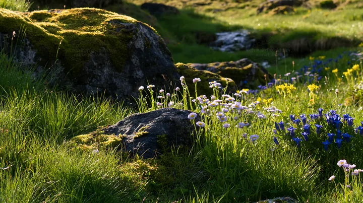 Mossy boulder meadow with wildflowers in natural light - AI-generated stock image