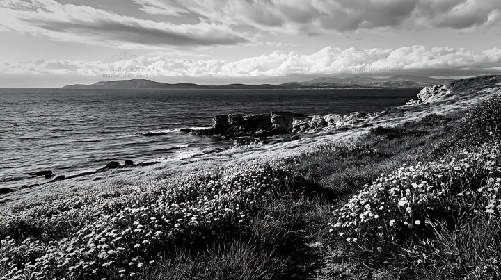 Meadow by rocky coast in Italy with sea view - AI-generated stock image