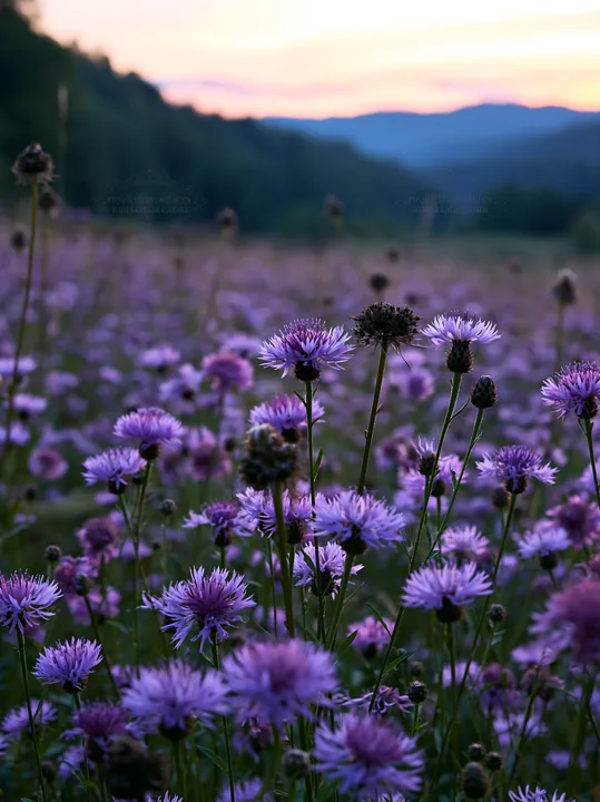 Violet knapweed meadow at sunset - AI-generated stock image