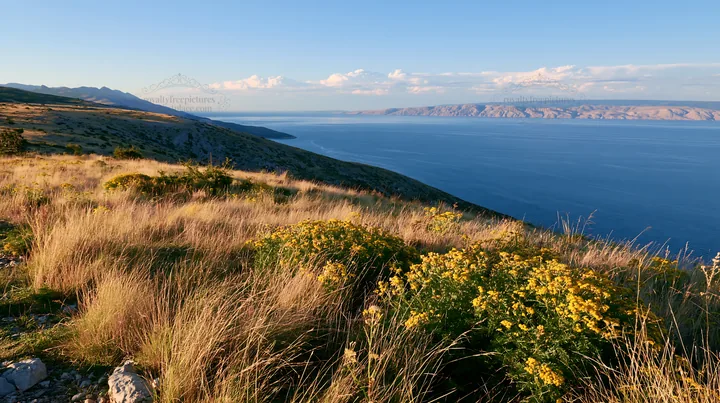 Croatian meadow above Adriatic coast with flowers - AI-generated stock image