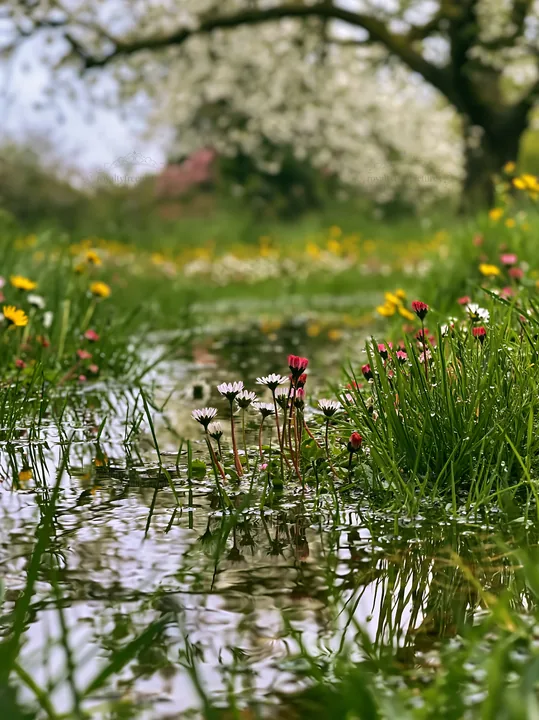 Spring orchard meadow with wildflowers and water reflections - AI-generated stock image