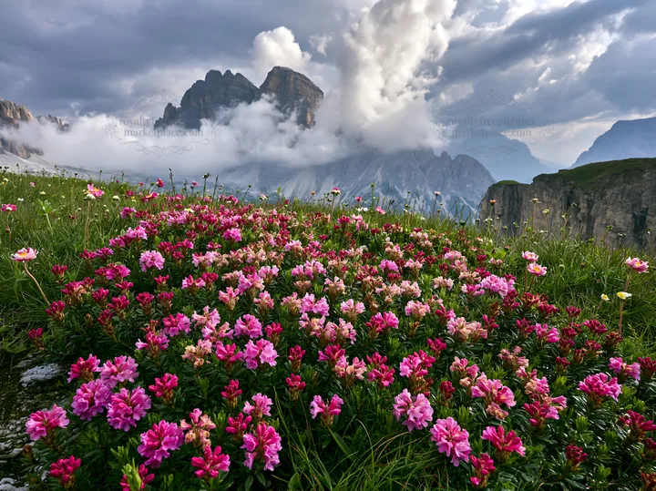 Clifftop meadow with colorful flowers and mountains in background - AI-generated stock image