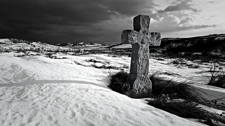 Stone Christian cross in snowy meadow landscape - AI-generated stock image