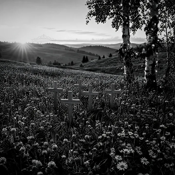 Christian crosses on meadow during sunrise with light rays - AI-generated stock image