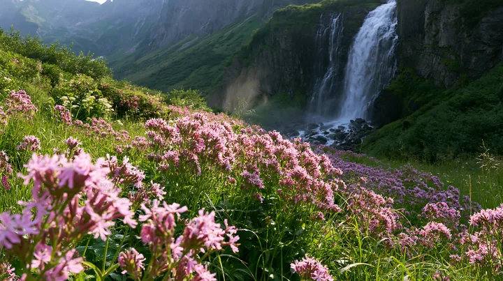 Wildflower meadow near waterfall in a summer landscape - AI-generated stock image
