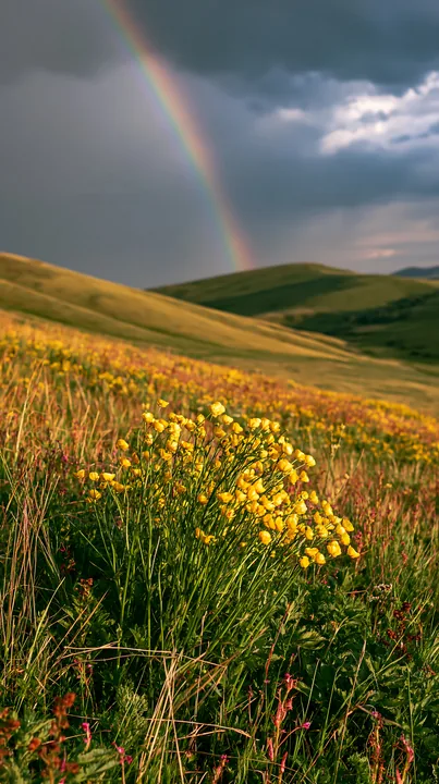 Colorful buttercup meadow under a rainbow in nature - AI-generated stock image