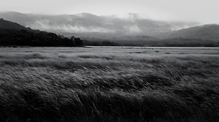Iwate meadow with rain refreshed seedheads in foreground - AI-generated stock image
